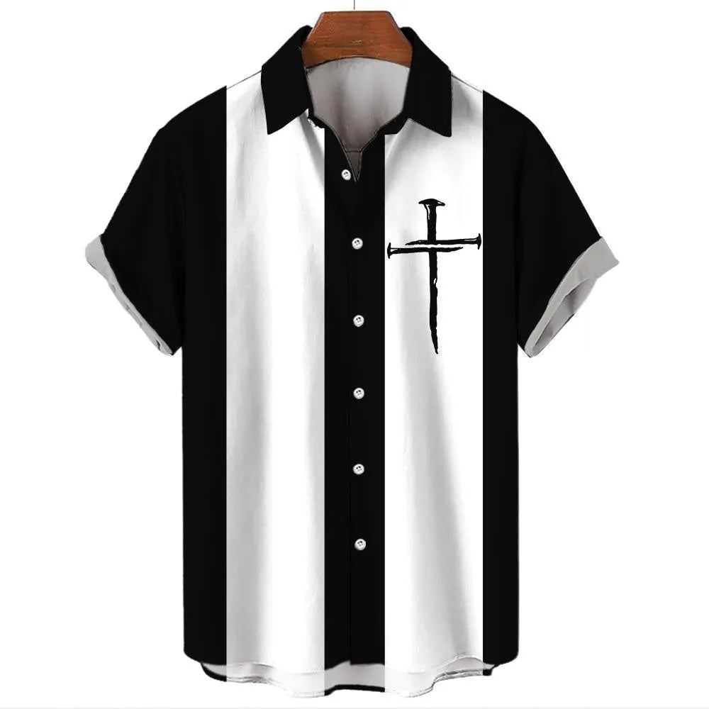 Men's striped Hawaiian shirt with button front and short sleeves in elastic polyester fabric
