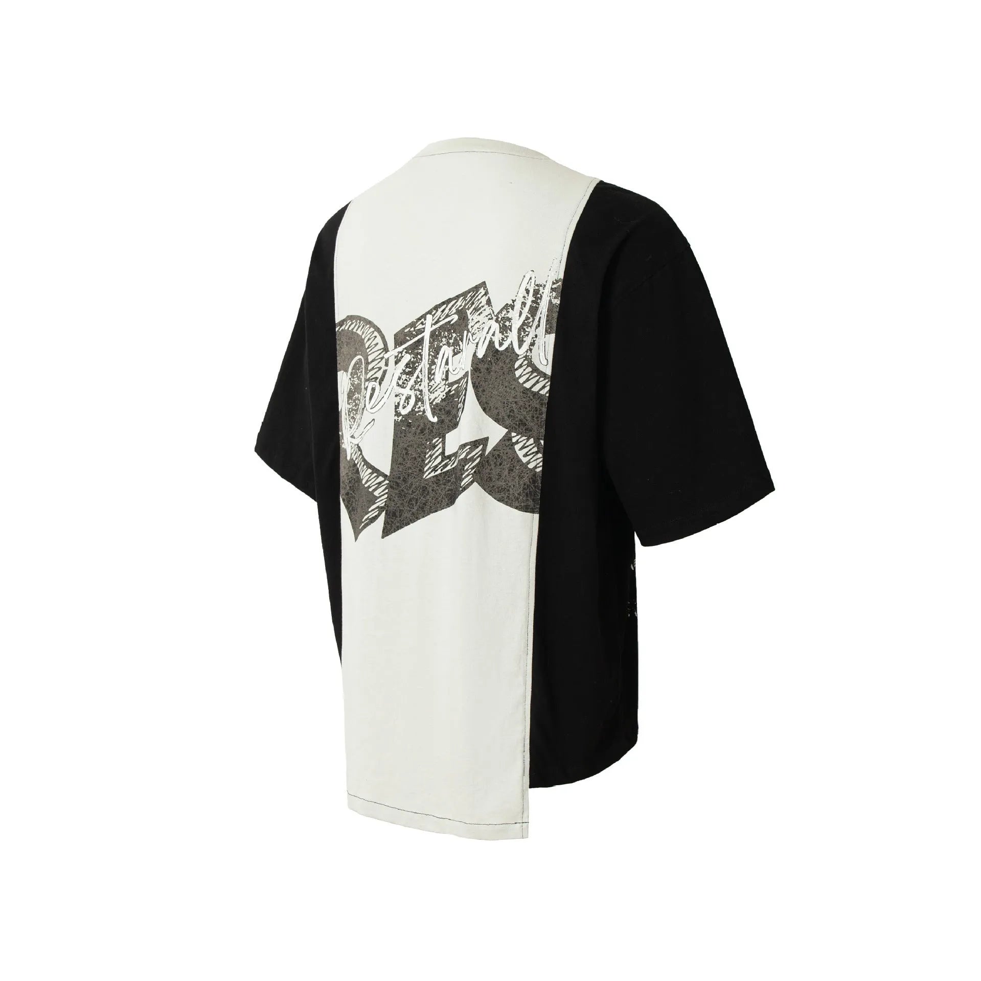 Black and white deconstructed print cotton blend t-shirt with loose fit and short sleeves