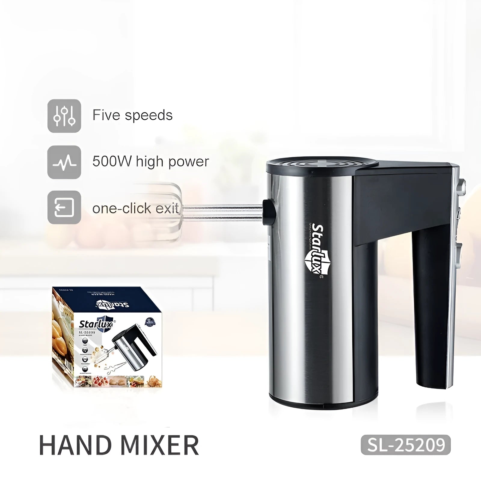 SL-25209 silver handheld electric mixer with beaters on a kitchen counter