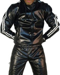 Men's black hooded sports set with PU leather jacket and matching trousers