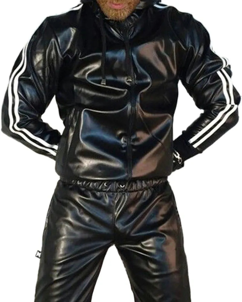 Men's black hooded sports set with PU leather jacket and matching trousers