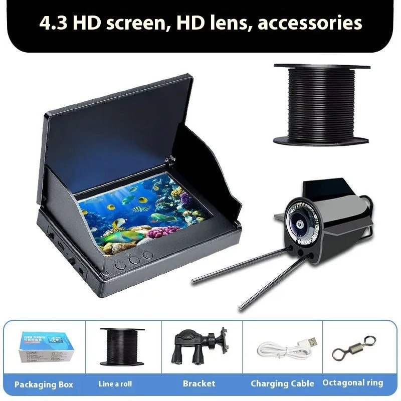 Underwater fishing camera with 4.3-inch screen, camera unit, and coiled cable on a fishing boat deck