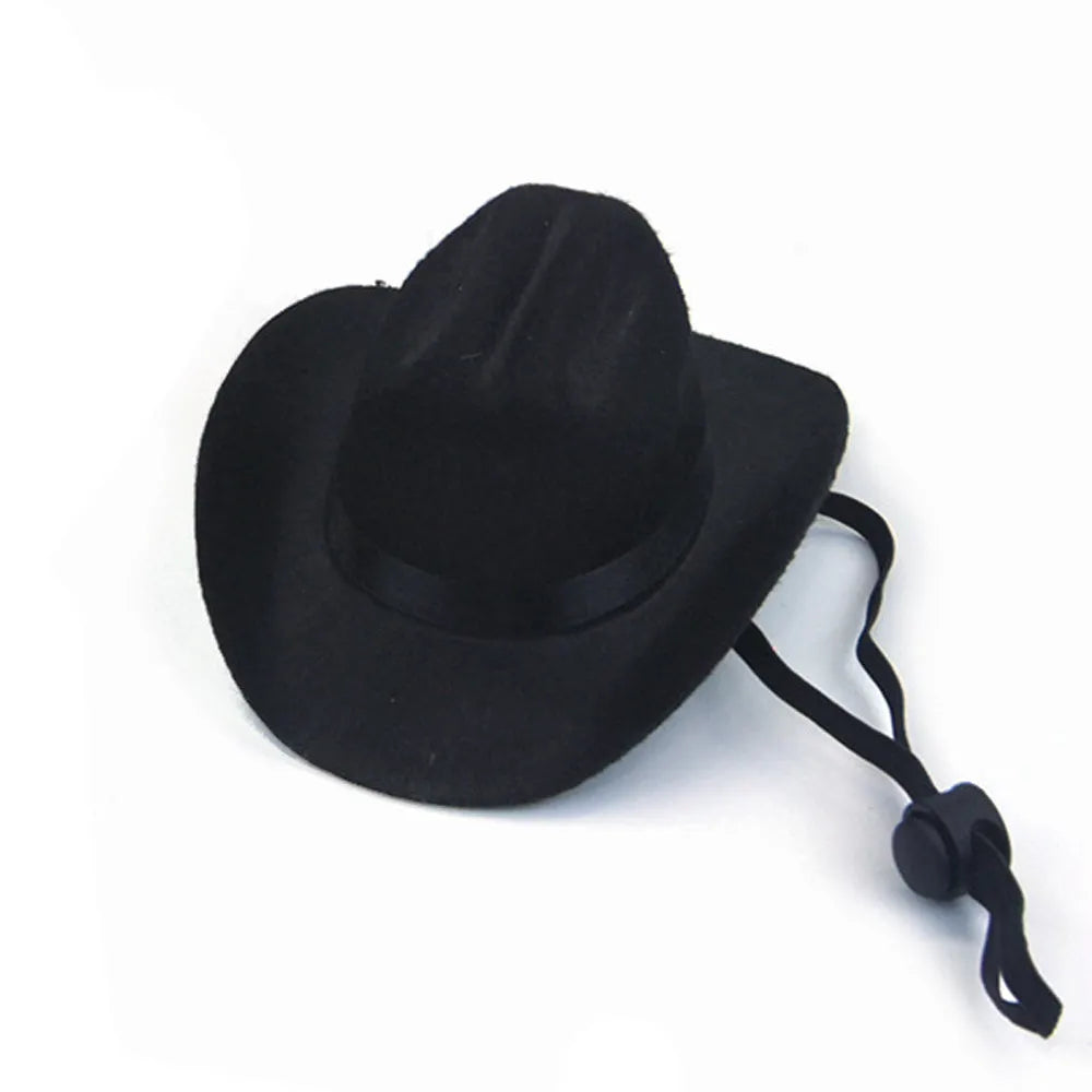 Adjustable pet cowboy hat headgear shown in four colours with size measurements for dog and cat costume use