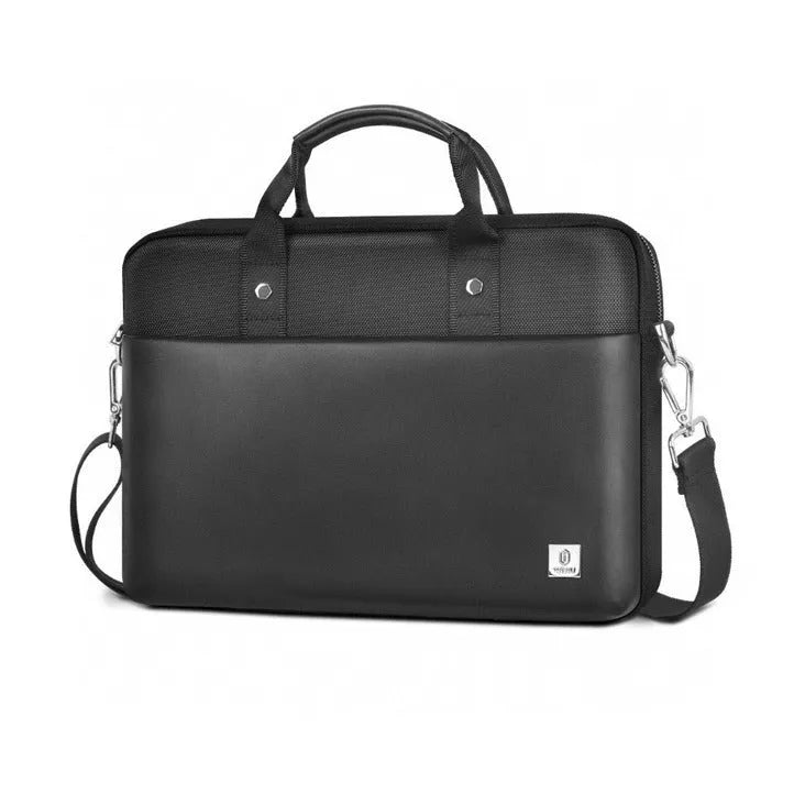Black Oxford cloth multi-pocket laptop handbag open to show separate organiser layers and laptop compartment.