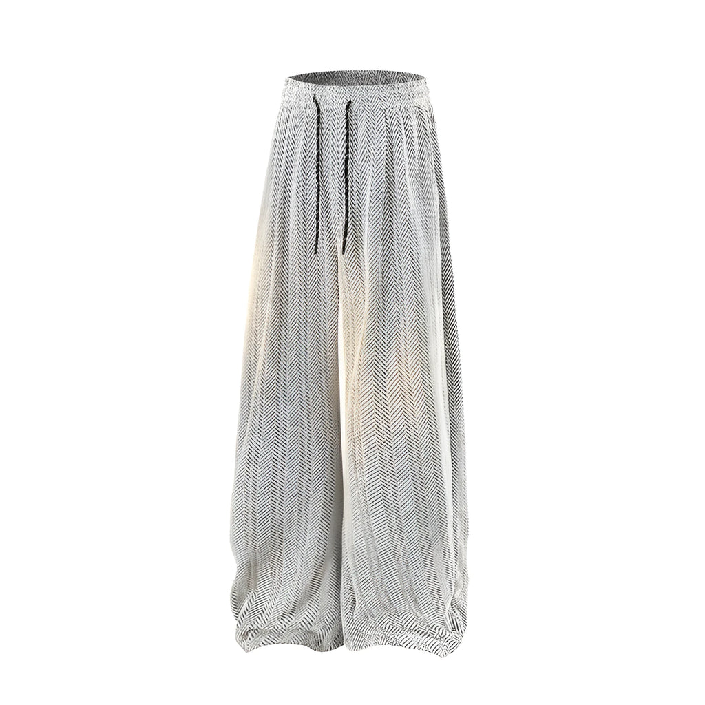 Light grey straight-leg hollow-out trousers with an elastic waistband, shown laid flat.