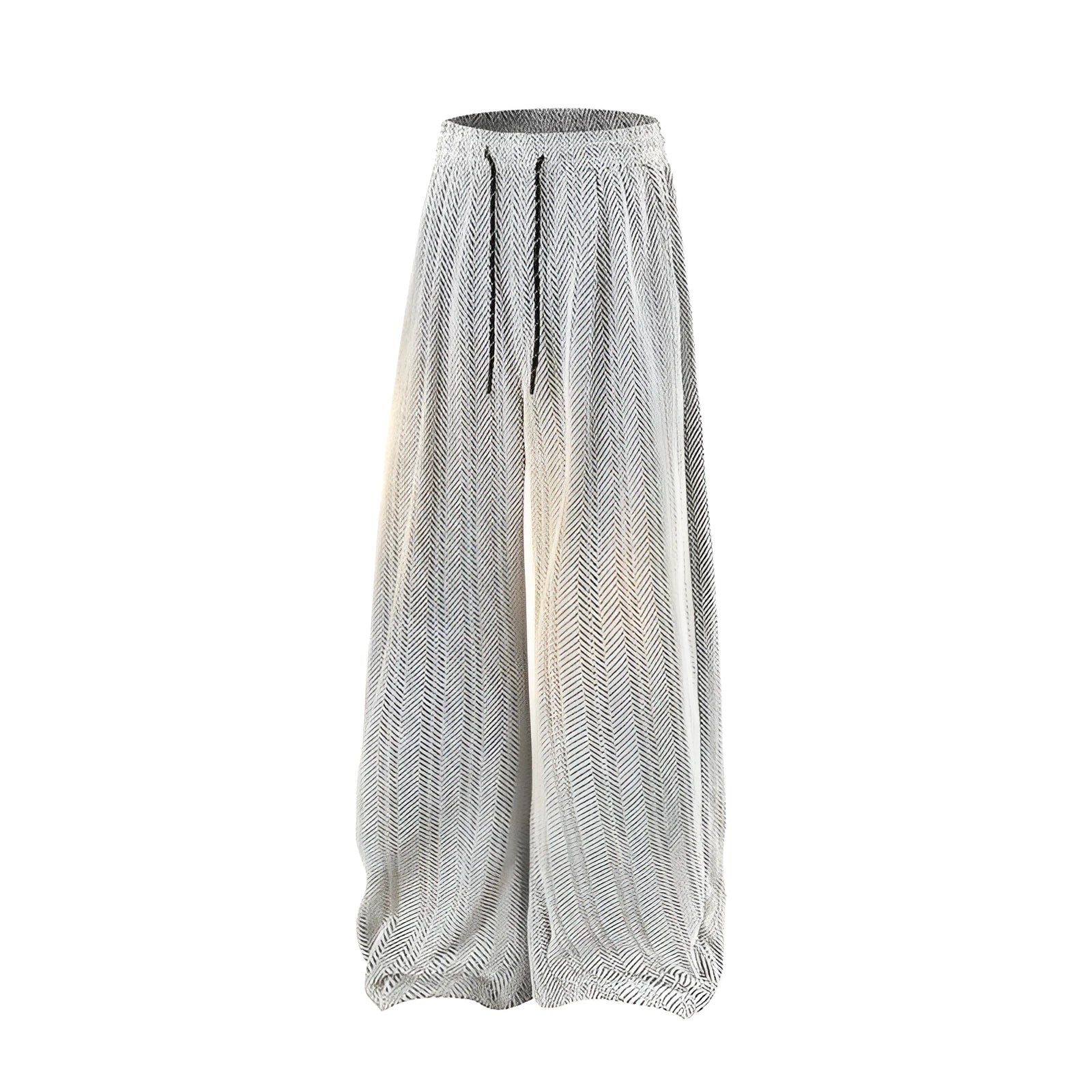 Light grey straight-leg hollow-out trousers with an elastic waistband, shown laid flat.