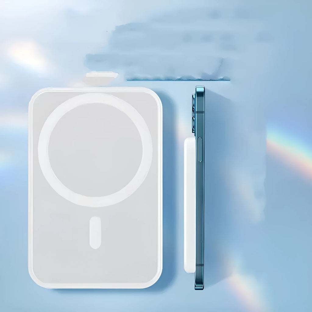 White foot-shaped portable power bank with magnetic wireless charger on a table.