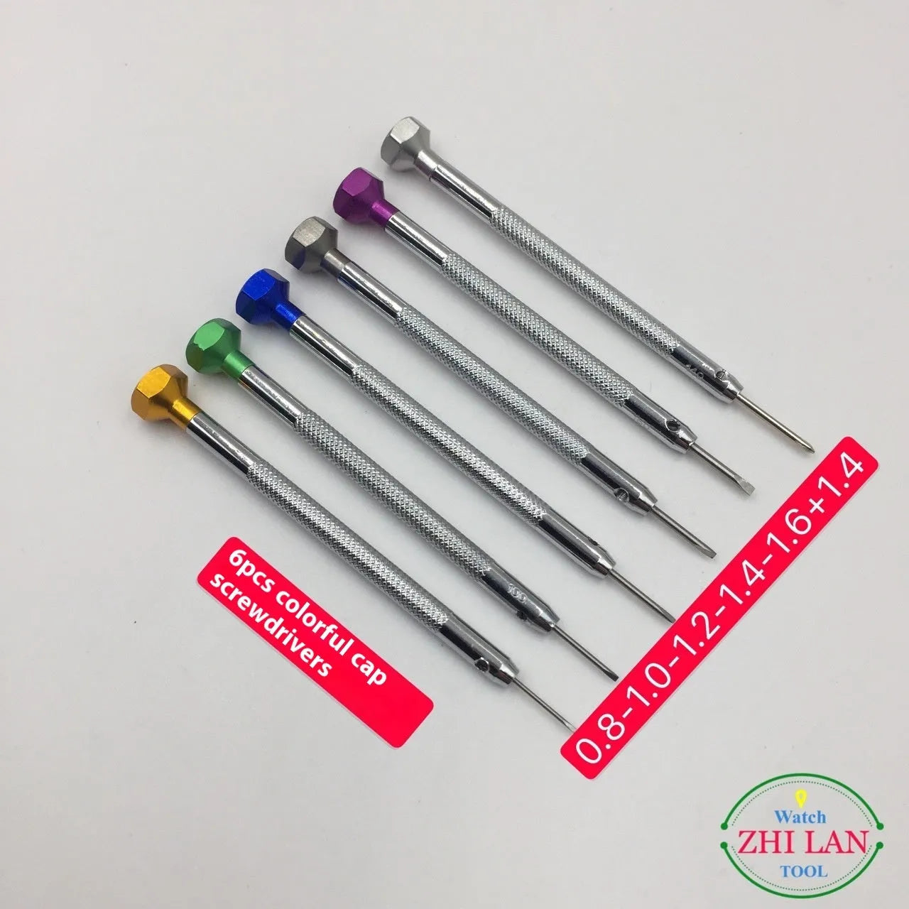 Six colour-coded watch repair screwdrivers with aluminium suits and copper handles