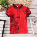 Grey short sleeve cotton shirt with lapel collar for a child, showing moisture-wicking fabric detail.