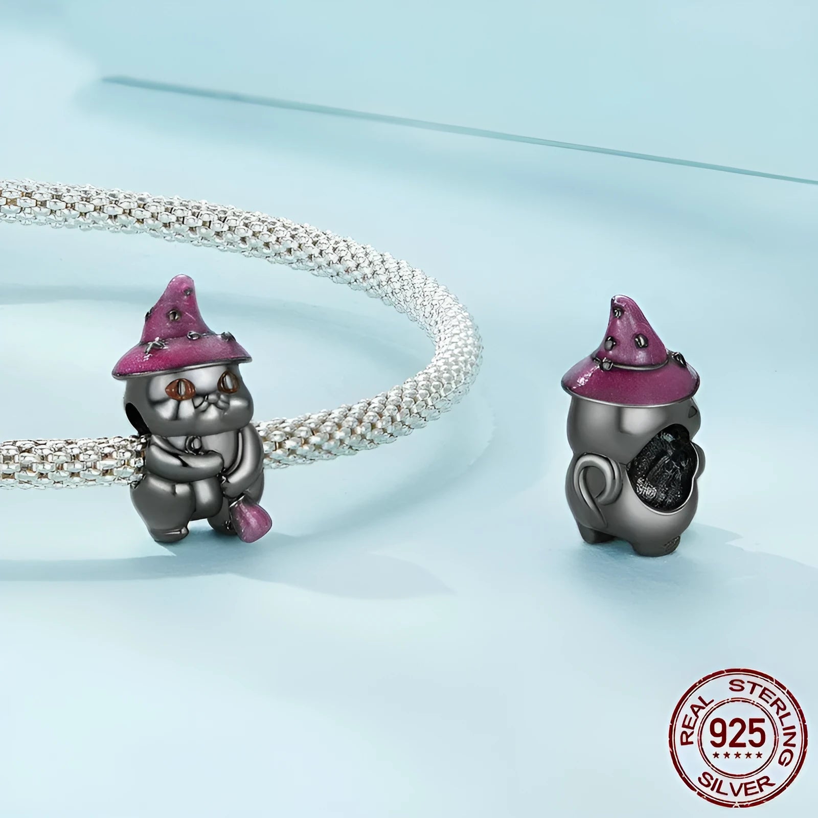 Halloween black cat bead in S925 sterling silver, 15x8mm with 4.5mm aperture, electroplated finish