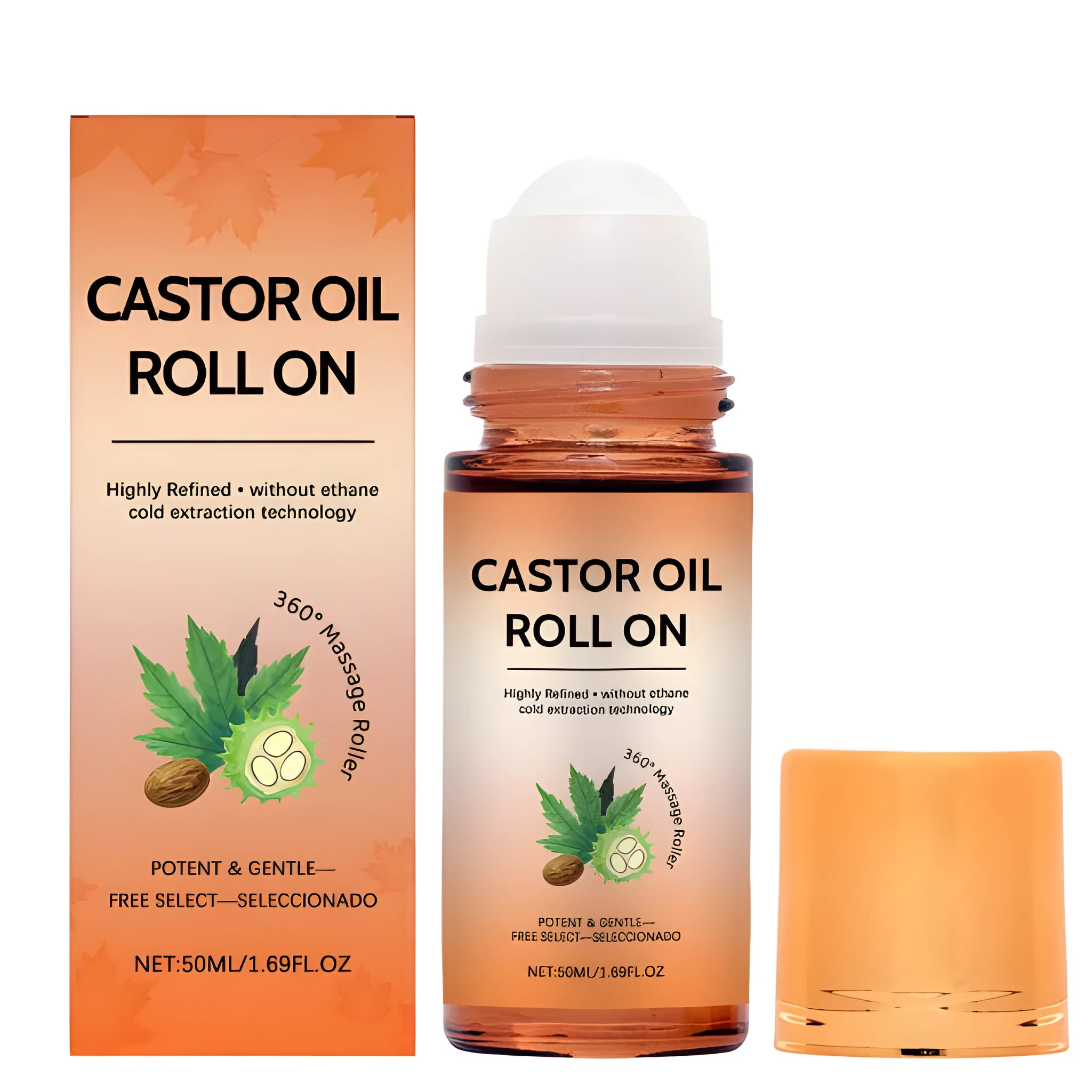 Soothing ball bearing roller with castor oil, rose oil, and vitamin E in a 50ml bottle with roller ball applicator
