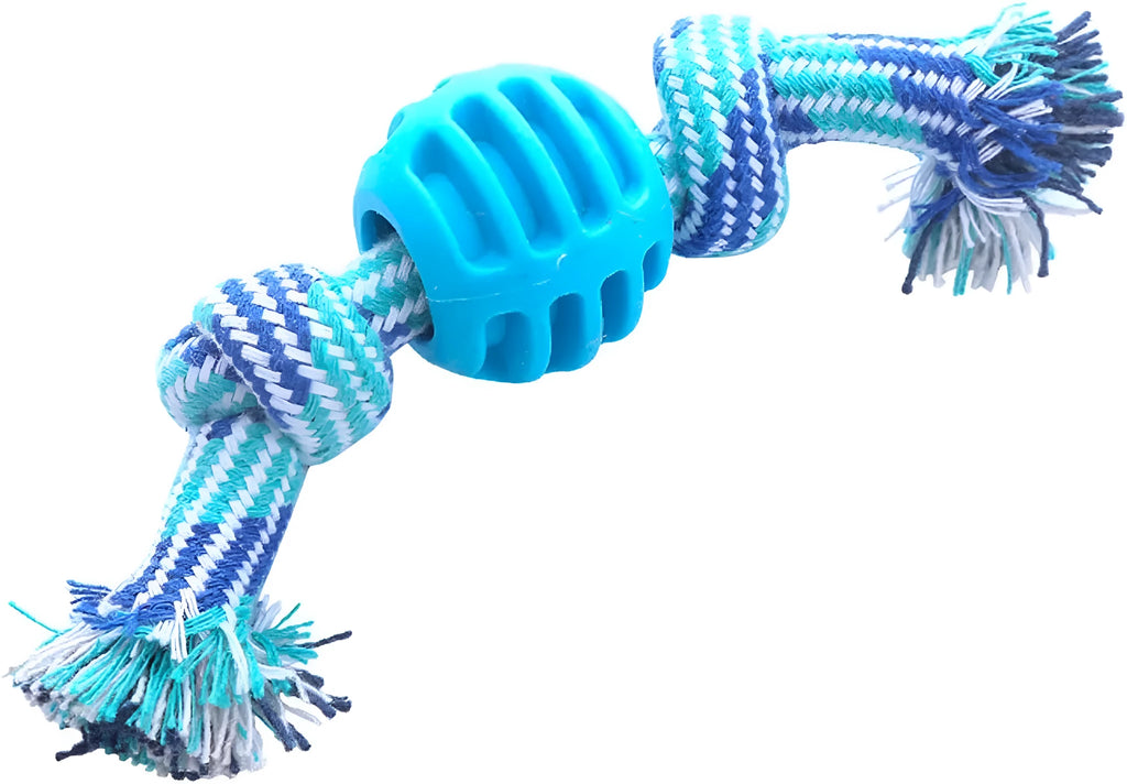 Set of colourful blue, green, orange, pink, and red dog chew toys with rope textures for dental health.