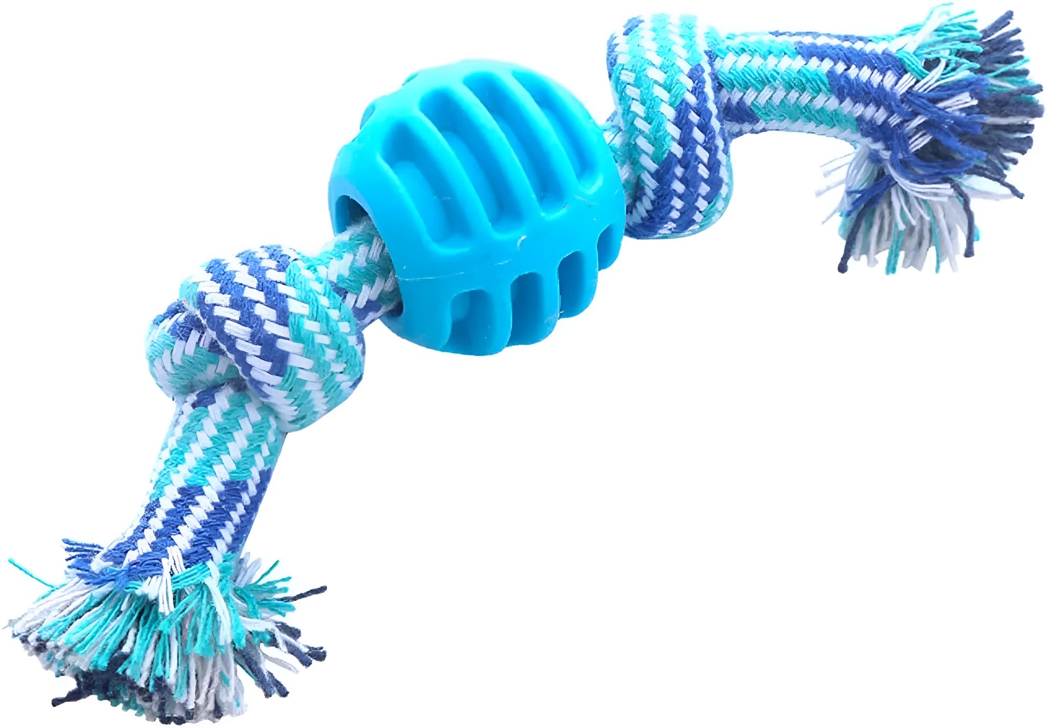 Set of colourful blue, green, orange, pink, and red dog chew toys with rope textures for dental health.