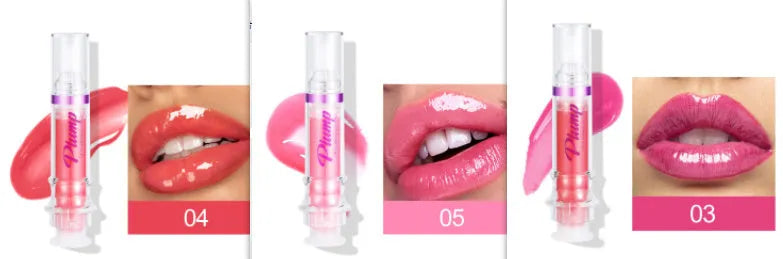 Lip gloss tube with mirror finish showing shiny application on lips