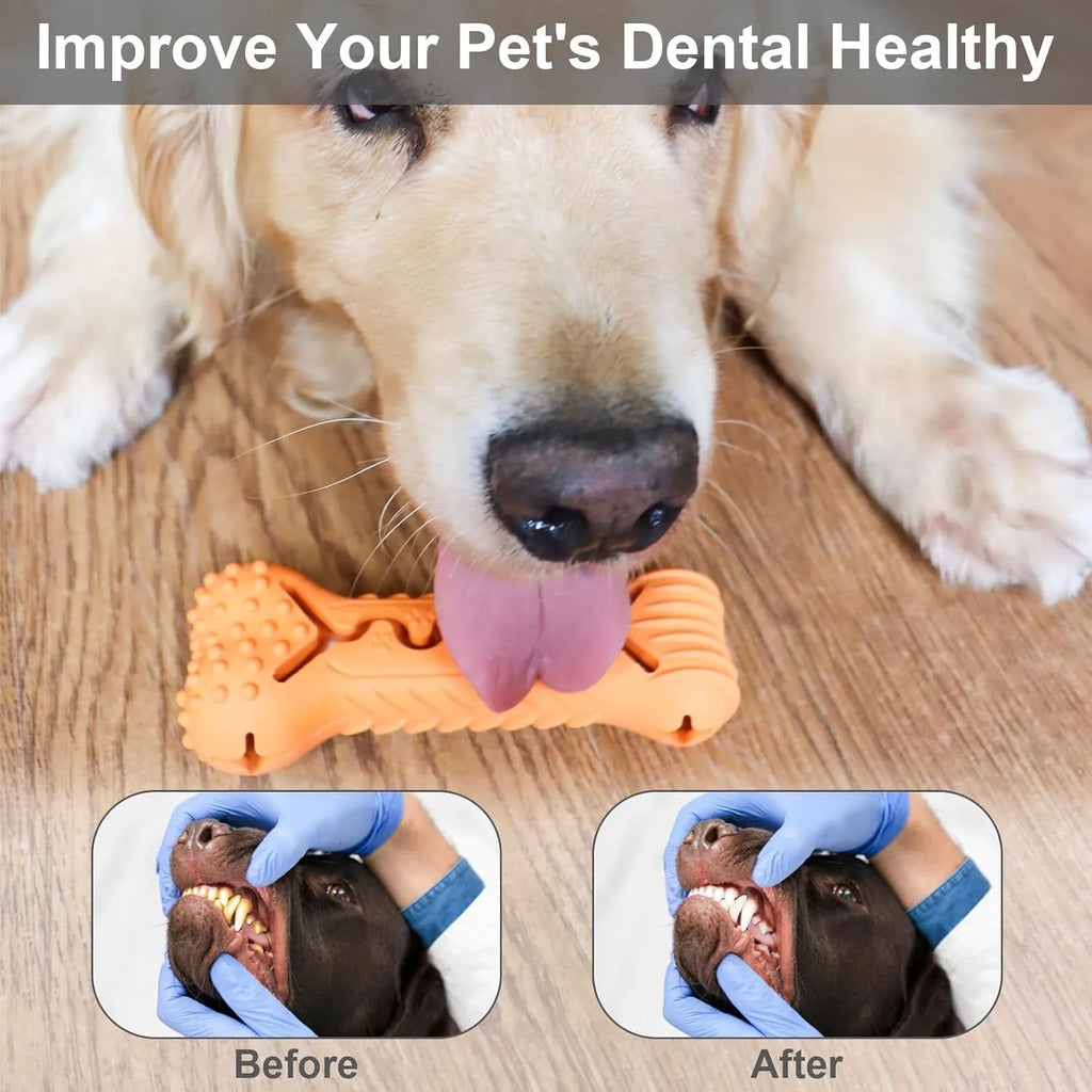 Blue, green and orange natural rubber bone-shaped dog chew toy for aggressive chewers