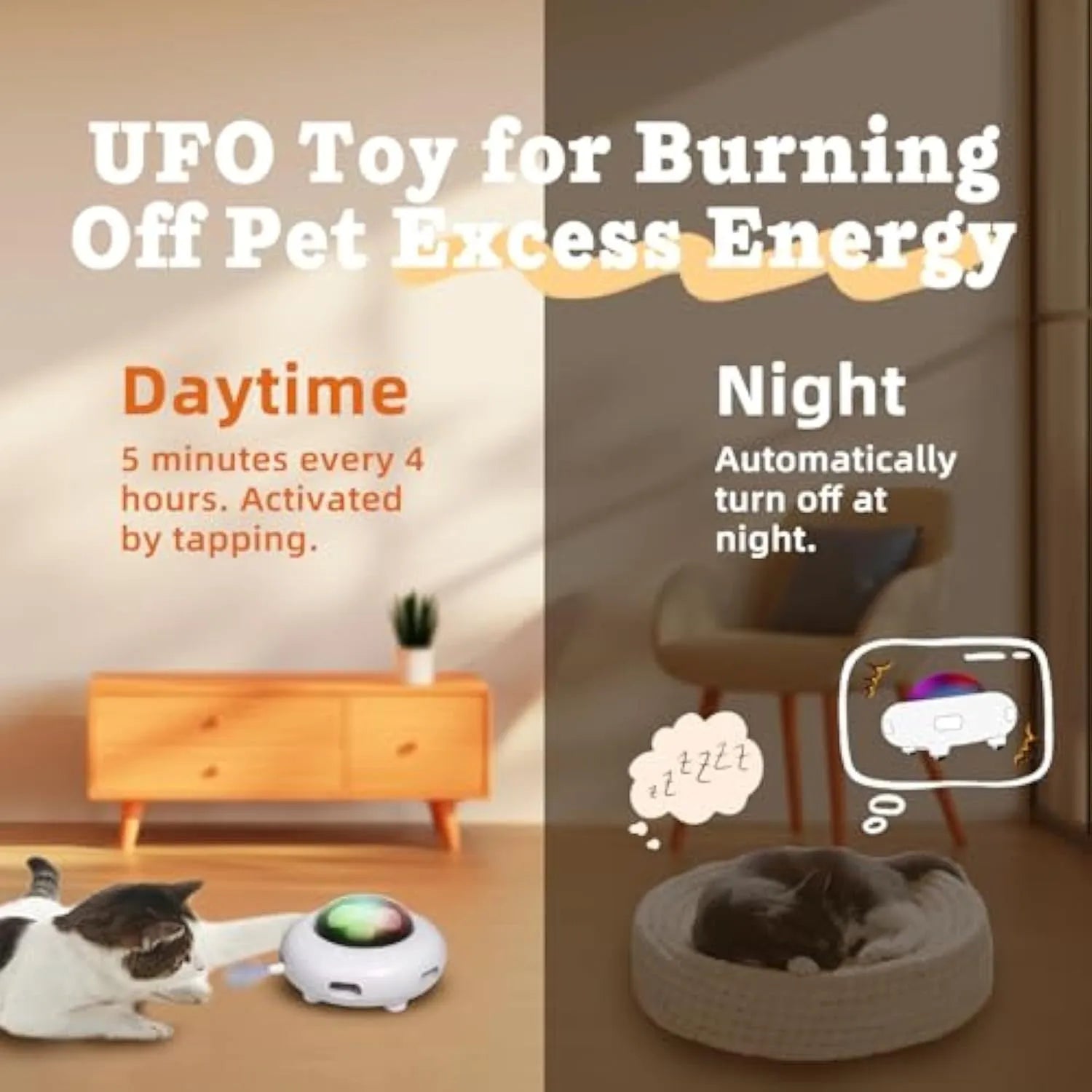 White automatic interactive cat toy with colourful feathers and LED lights on a home floor.