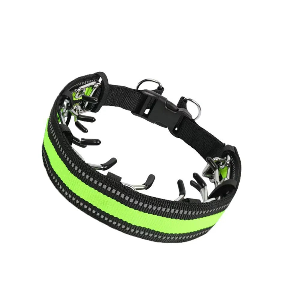 Dog training chain collar with a soft black neoprene cover shown on a size medium setting.
