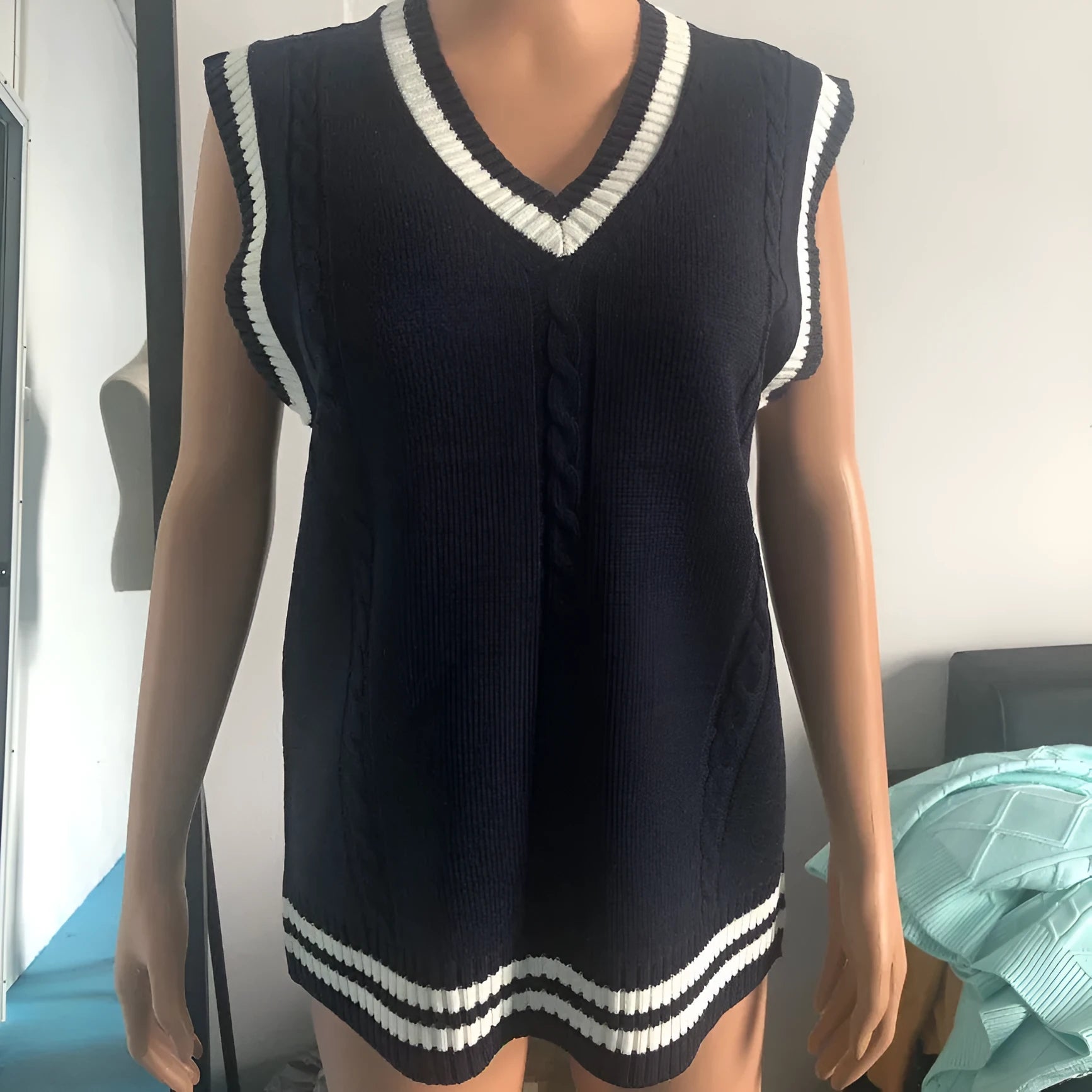 Women's V-neck knitted waistcoat sweater with striped stitching in slim fit