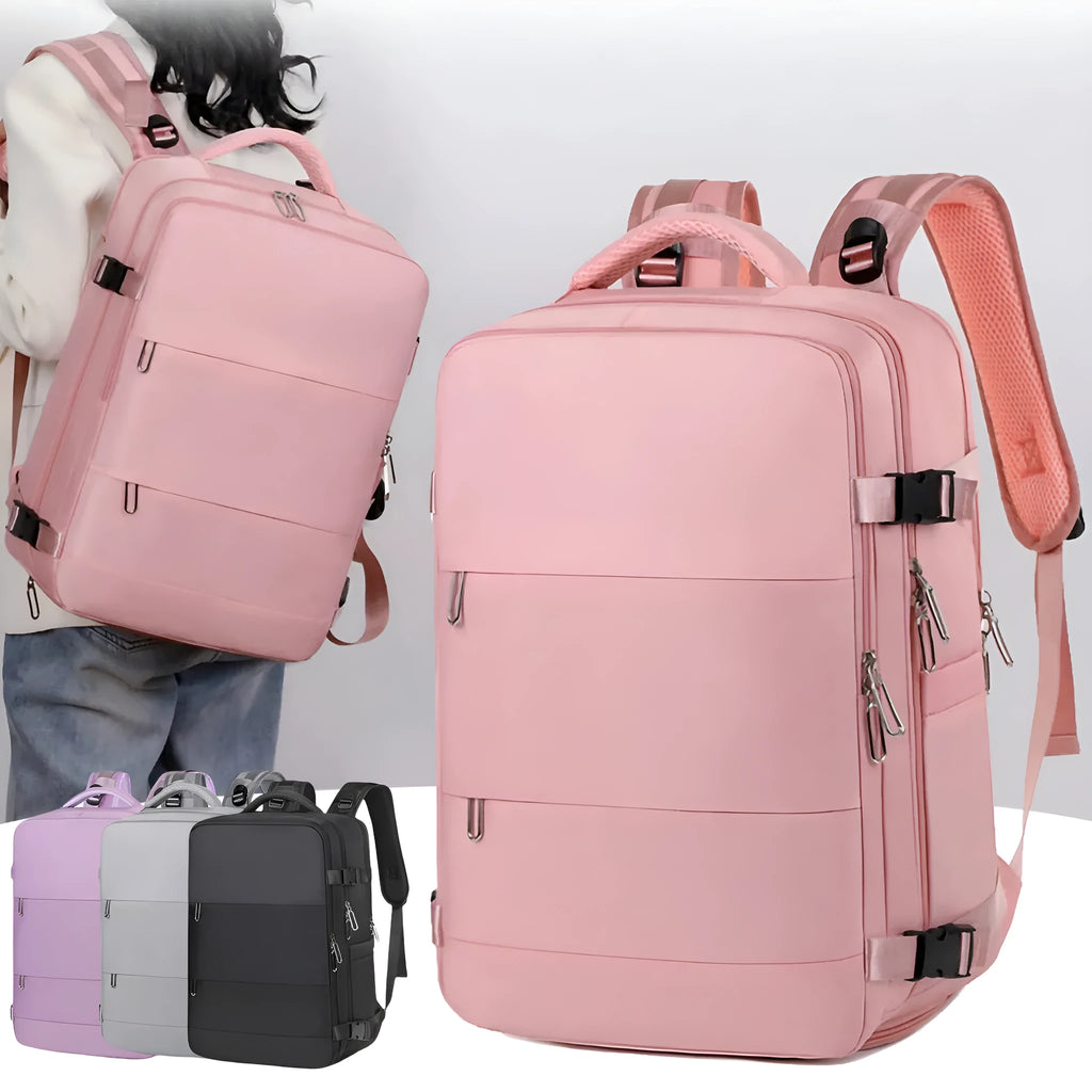 Large-capacity purple travel backpack with multiple compartments and air-pillow straps for organised travel