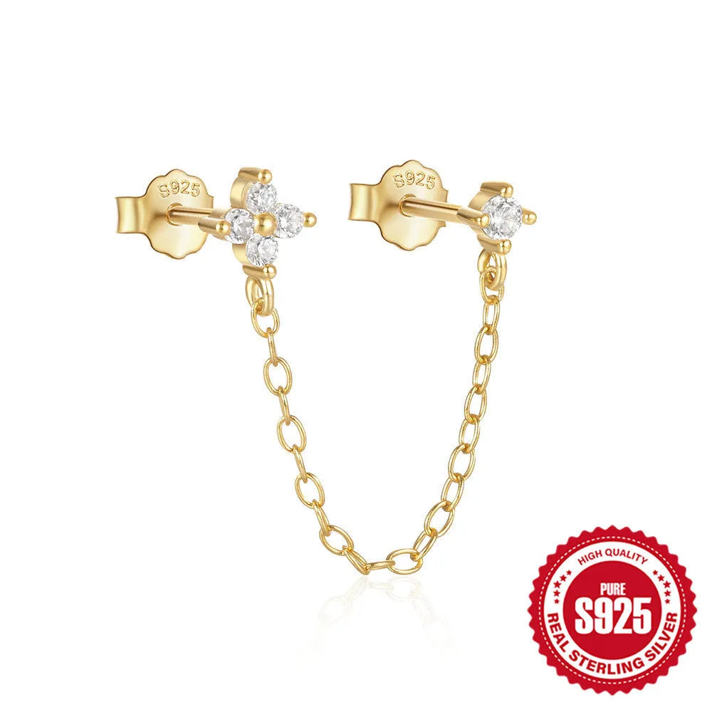S925 sterling silver geometric ear clip studs with flower and chain design in golden electroplate.