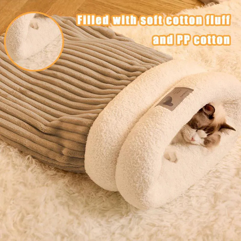 Brown semi-enclosed pet sleeping bag with plush lining for cats and dogs on wooden floor