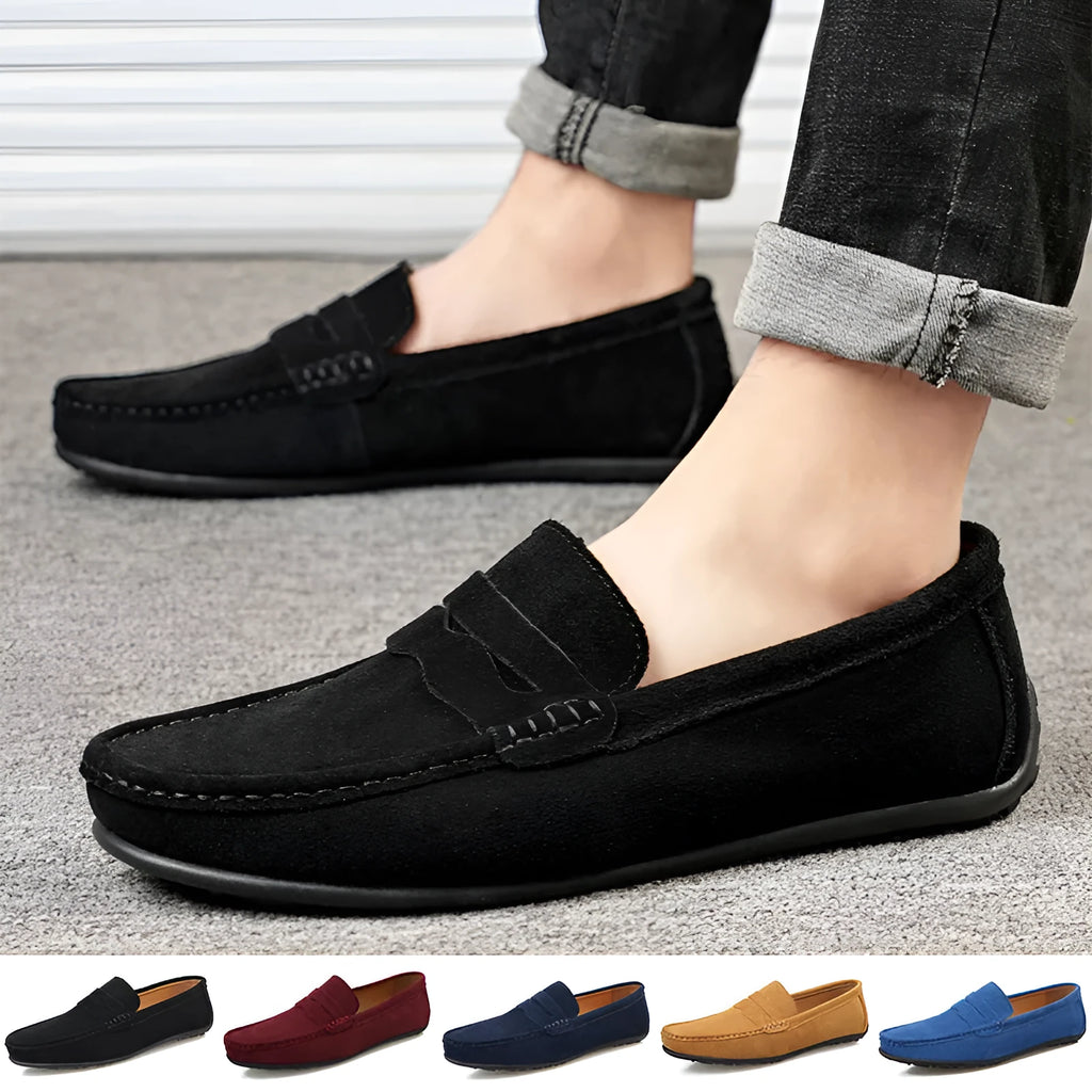 Men's suede leather loafers in solid colour with round toe and flat heel design