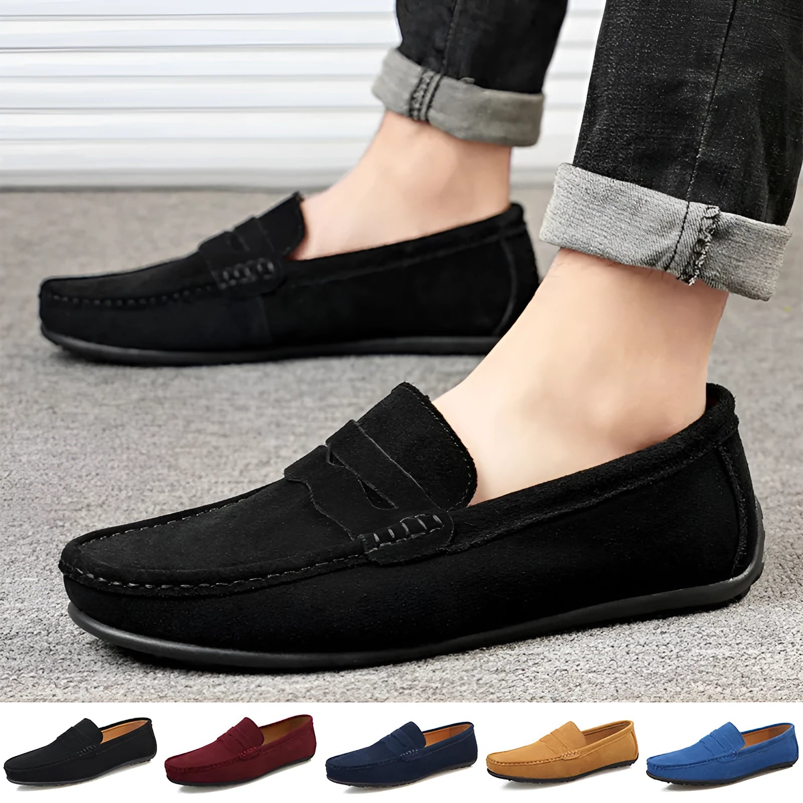 Men's suede leather loafers in solid colour with round toe and flat heel design