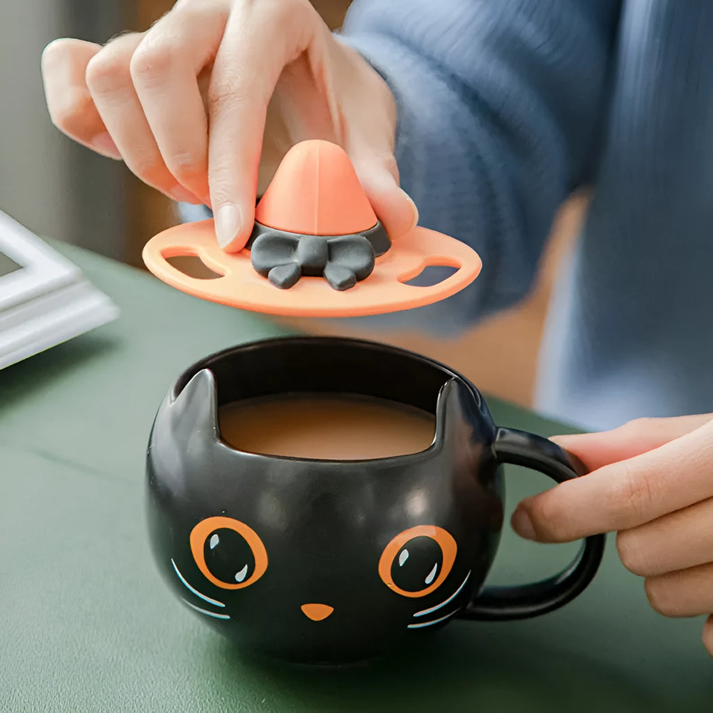 Black ceramic cat shape mug with pumpkin spoon couple decoration and 355ml capacity