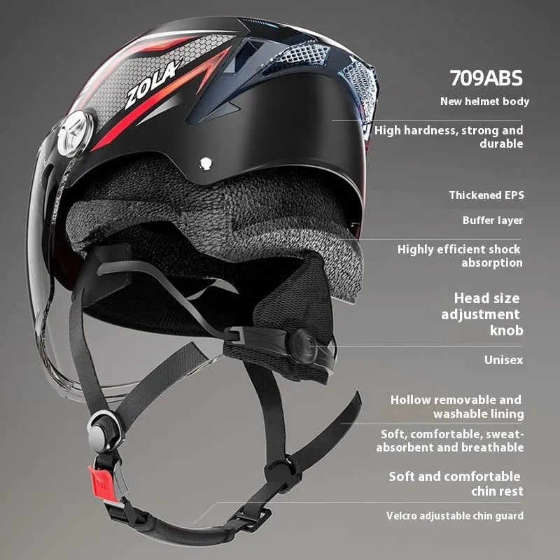 A light brown 3C certified motorcycle half helmet with a double mirror visor on a stand.