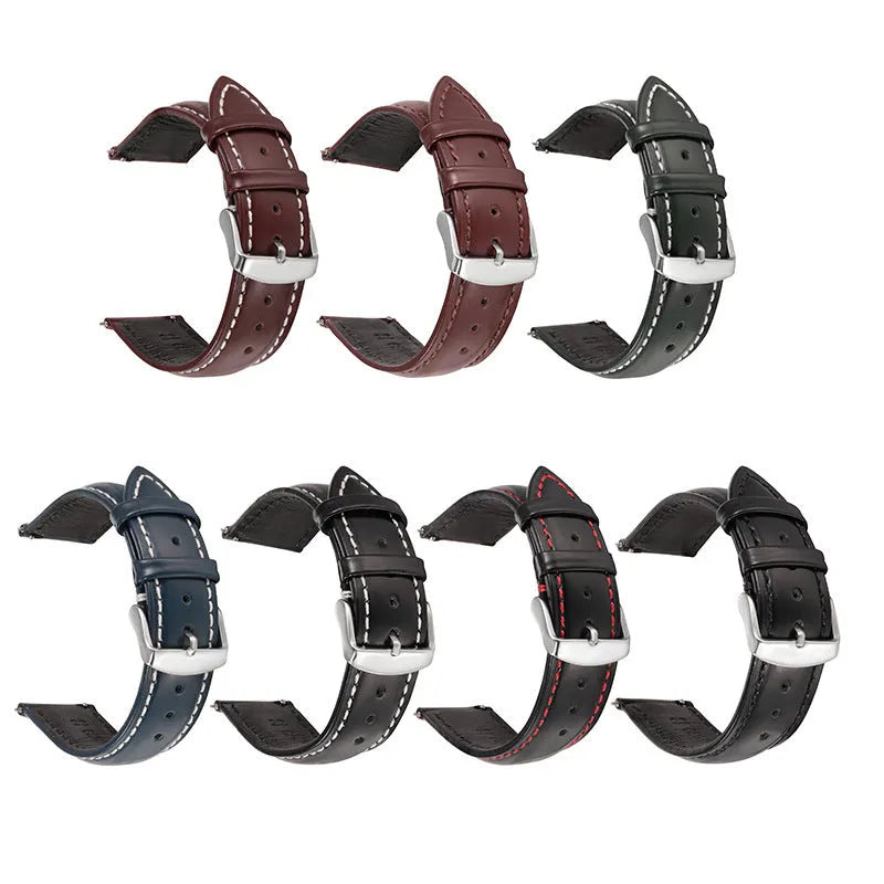Quick release cowhide leather watch strap shown in dark brown with white contrast stitching