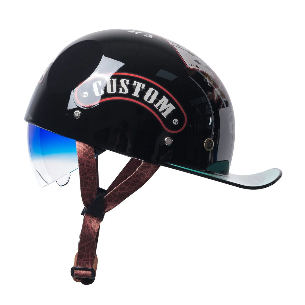 Bright black retro half helmet for electric bikes with a gradient blue visor, shown from the side.