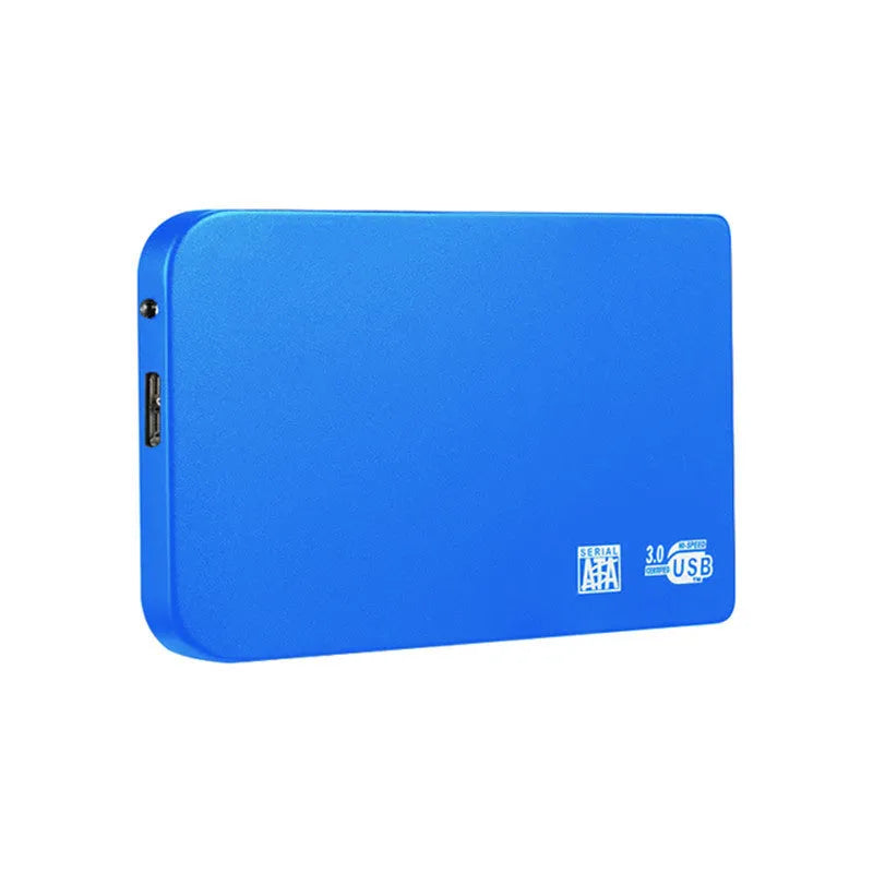 Silver USB 3.0 solid state mobile hard disk with data cable on a desk.
