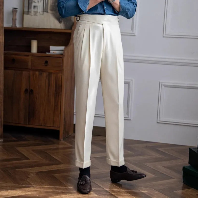 Men's high waist straight leg casual trousers in black, shown flat.