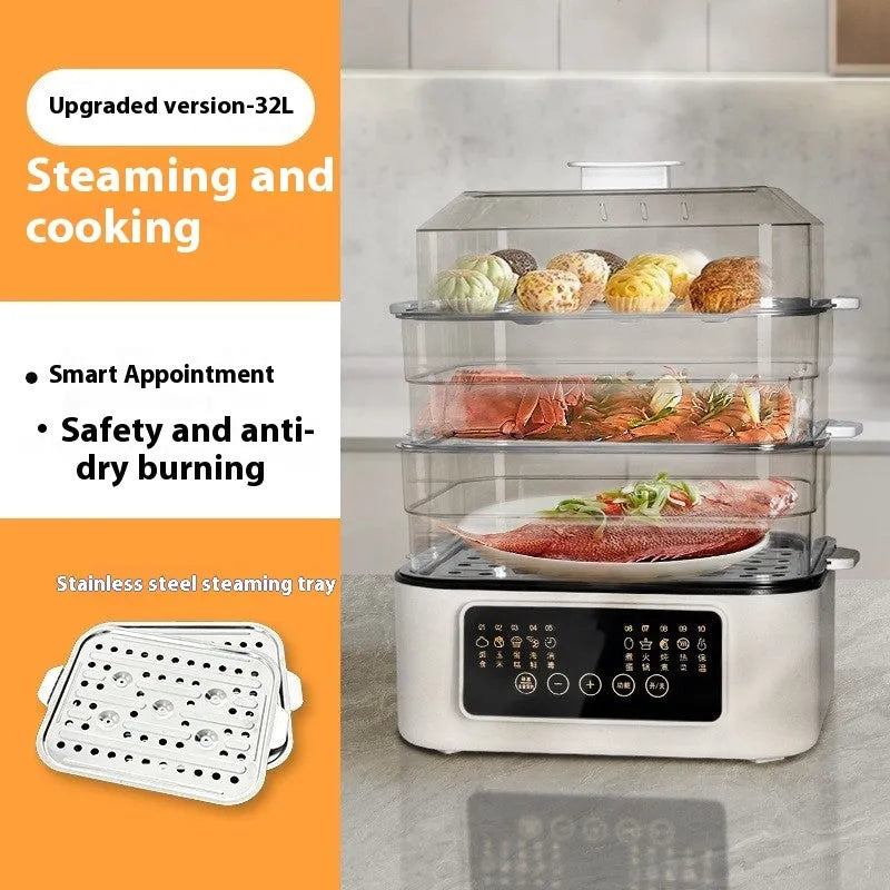 28 litre stainless steel electric food steamer with automatic measuring on a kitchen worktop.