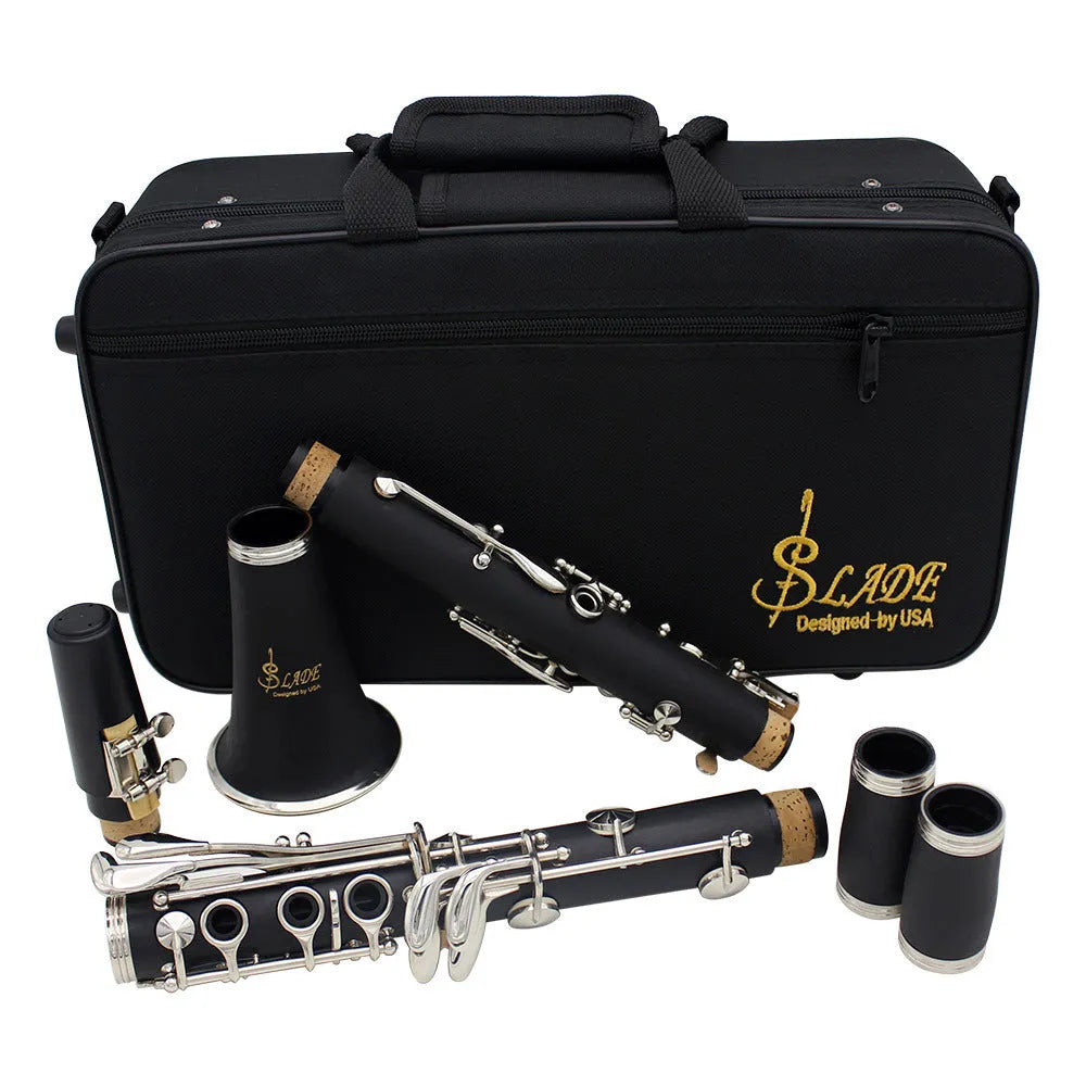 Black bakelite clarinet with 17 nickel-plated keys and included carrying bag