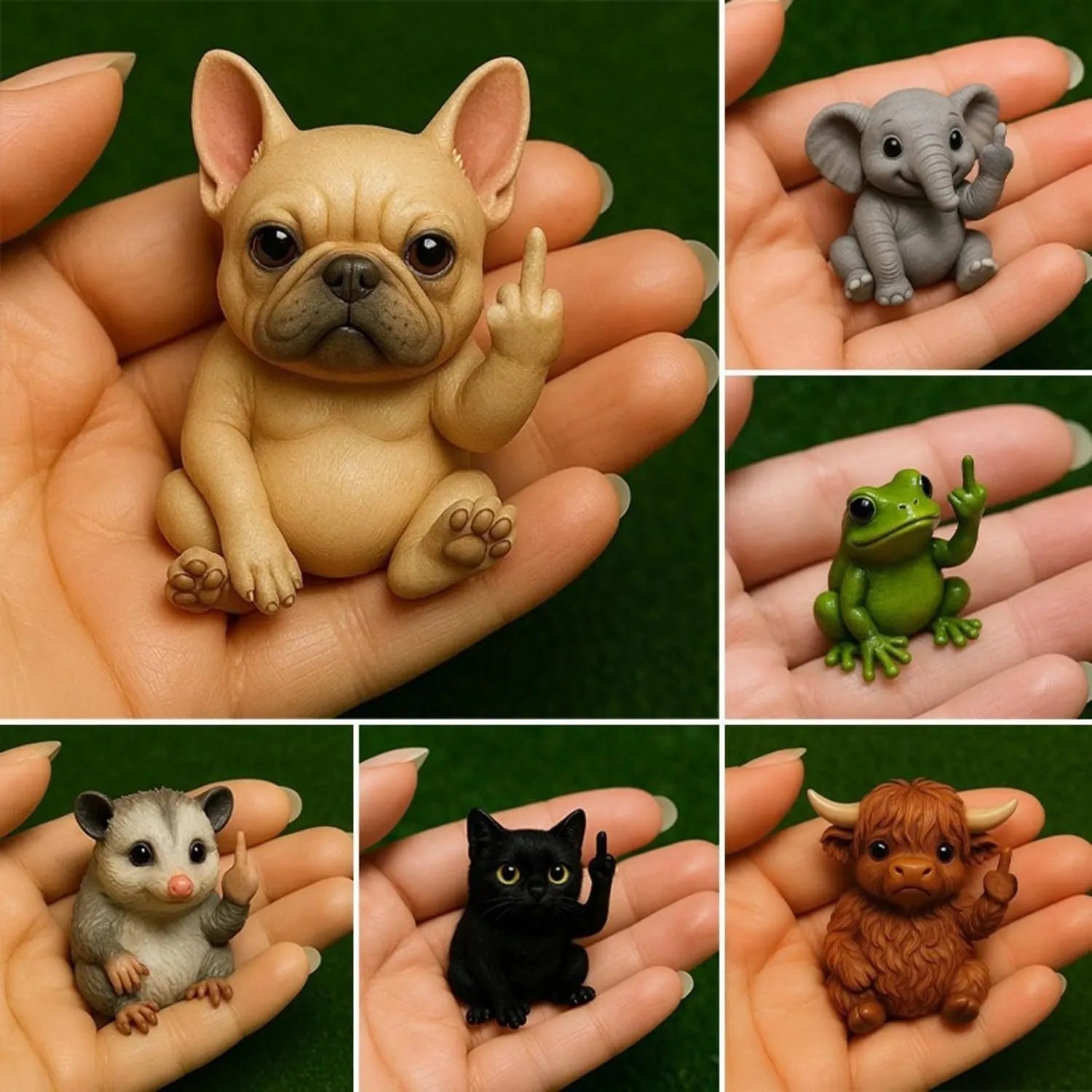 Mini resin animal doll with a vertical middle finger pose, showing one of seven animal styles.