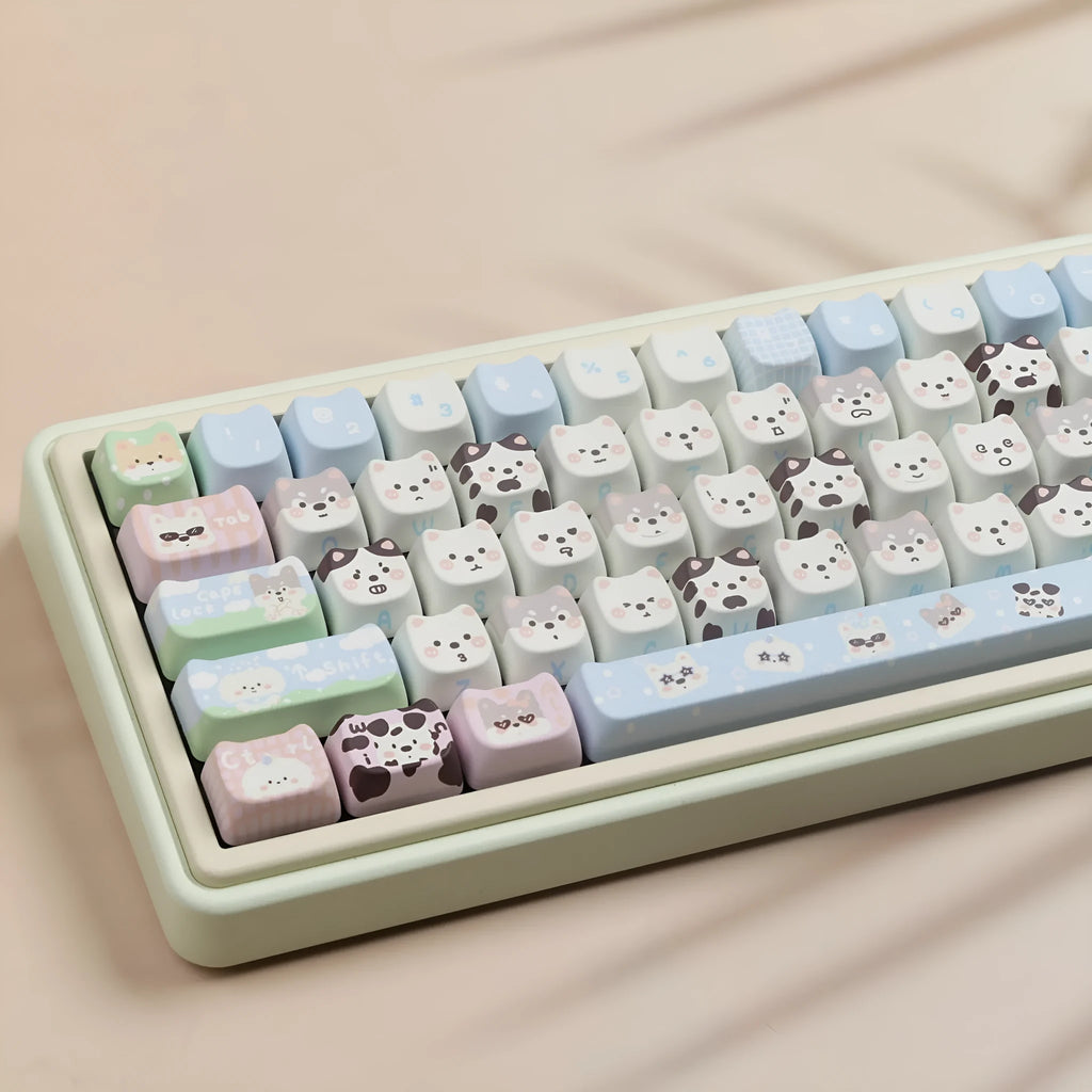 PBT sublimation full set key caps showing cat and puppy animal designs for mechanical keyboards