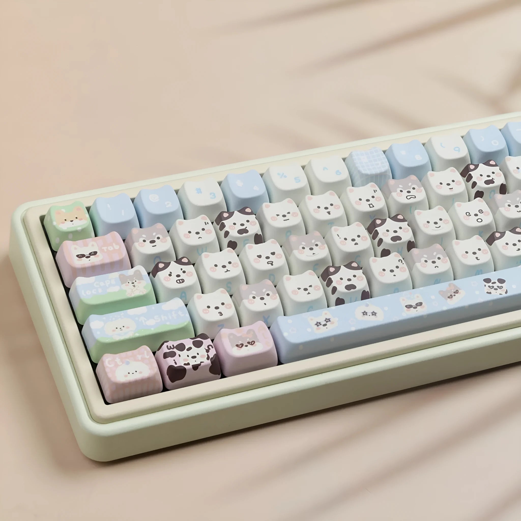 PBT sublimation full set key caps showing cat and puppy animal designs for mechanical keyboards