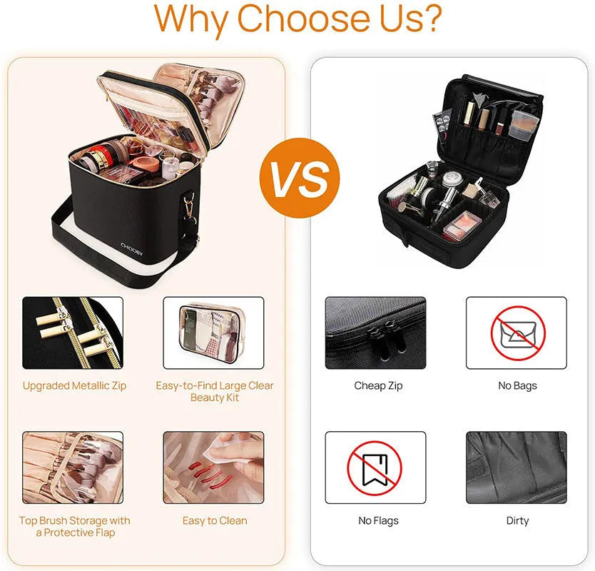 Black double-layer waterproof polyester cosmetic storage bag with carry handle, 27x20x21cm, open to show separated compartments
