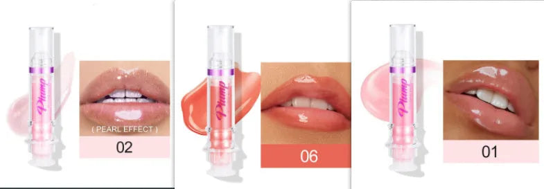 Lip gloss tube with mirror finish showing shiny application on lips