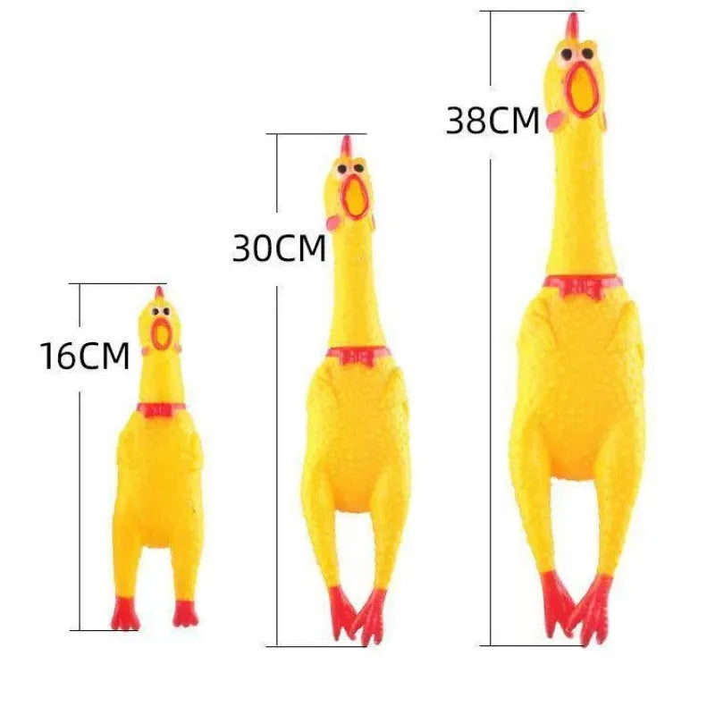 Yellow rubber screaming chicken dog squeak toy in three different sizes
