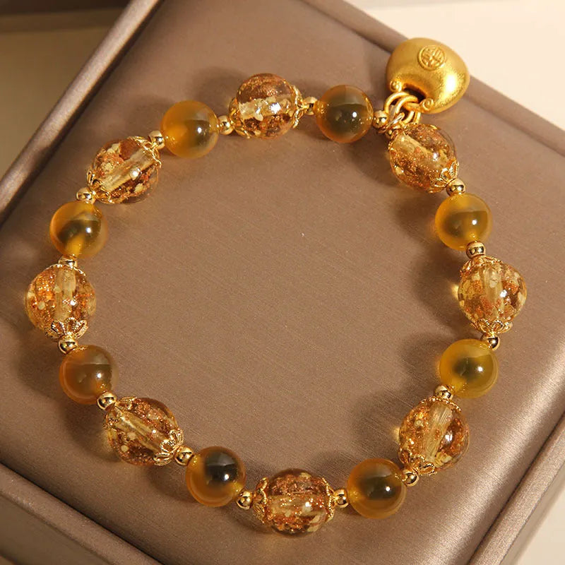 Natural yellow sugar heart agate crystal bracelet with luminous coloured glass beads for women