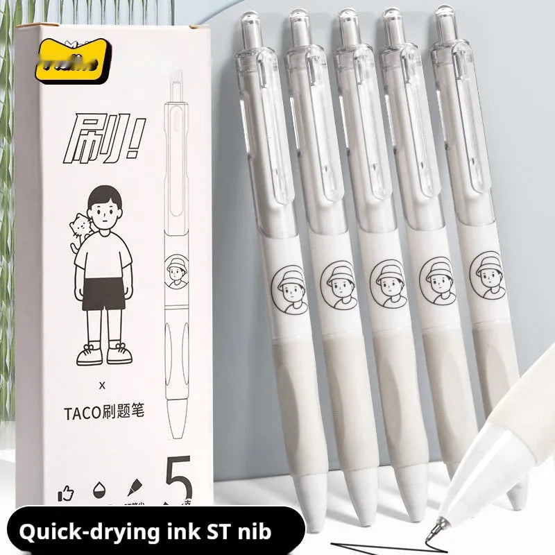 Five white and black ballpoint pens with 0.5mm tips and press-style mechanisms for student exams