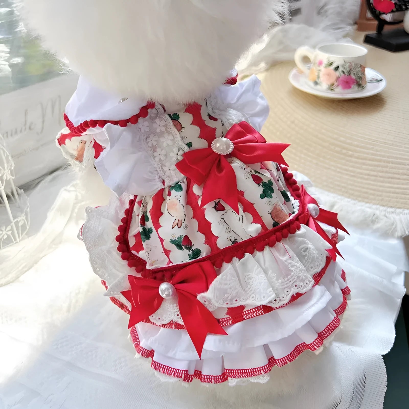 Princess style rabbit skirt dog dress in polyester on a small dog mannequin