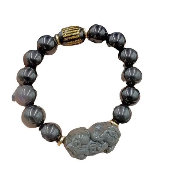 Natural ice obsidian bracelet with smooth polished beads and Heart Sutra engraving, 10mm size