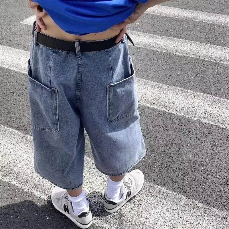Men's blue denim shorts with high waist and straight leg cropped design