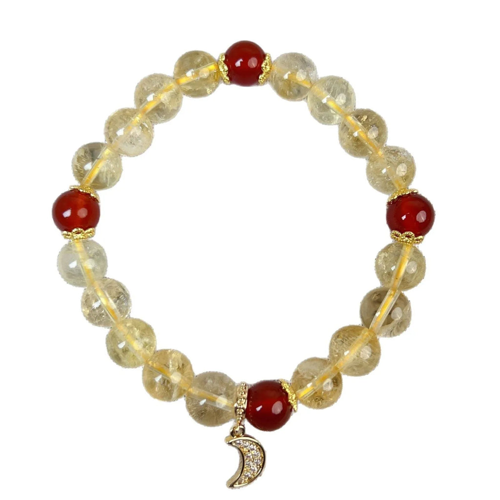 Women's handmade crystal bracelet featuring citrine and red agate beads in a moon boom style.