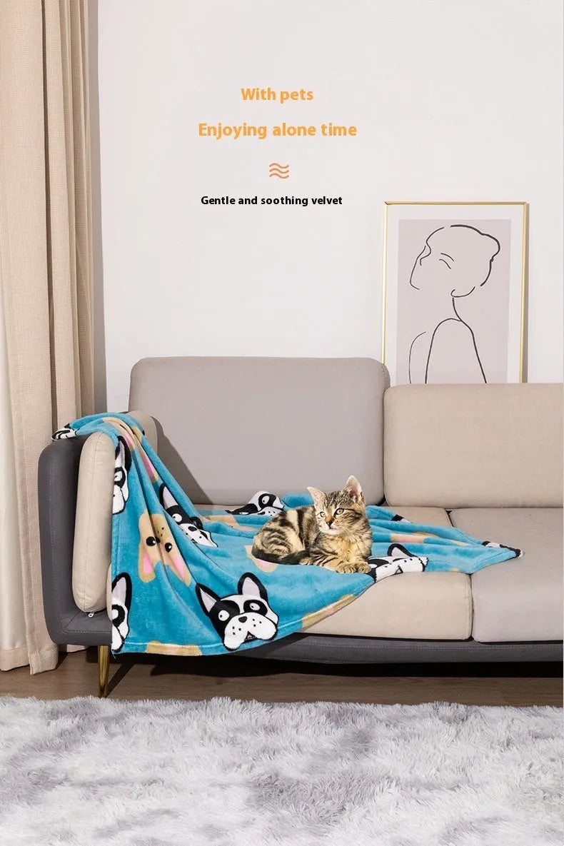 Blue cartoon dog pattern double-sided pet blanket shown on a dog bed, with size options 60x80cm, 100x120cm, 100x150cm.