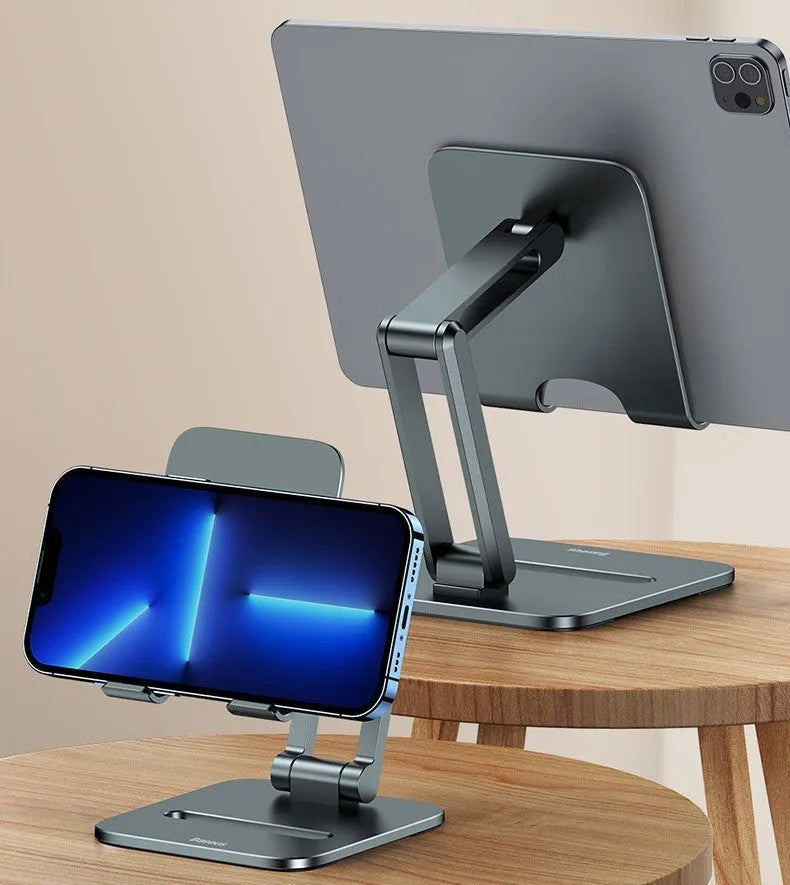 Deep space grey aluminium folding stand holding a tablet and a mobile phone separately.