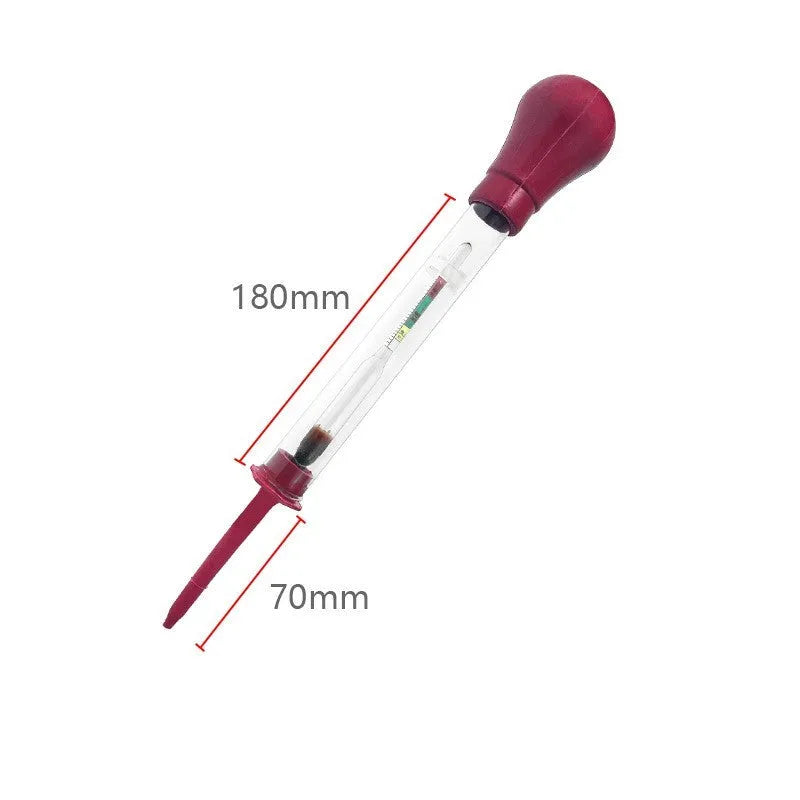 Glass automotive battery hydrometer with red and black units for electrolyte density testing